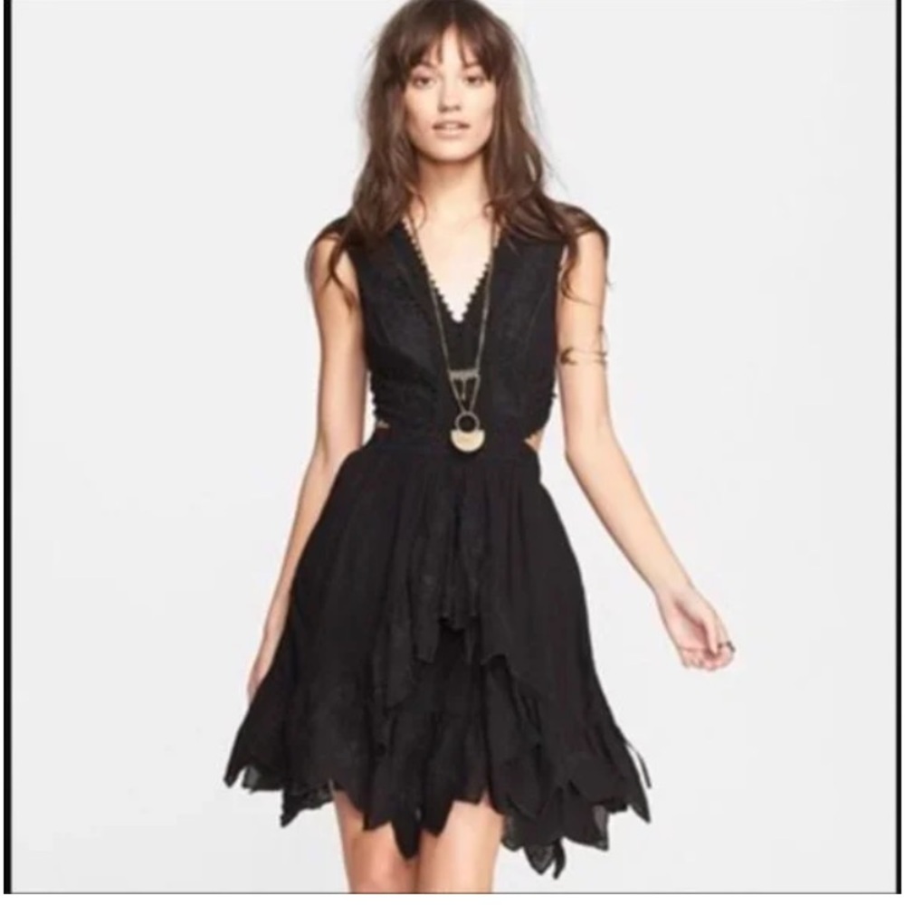 Free People Honeysuckle Rose Black Lace Cut Out Embroidered Asymmetrical Dress